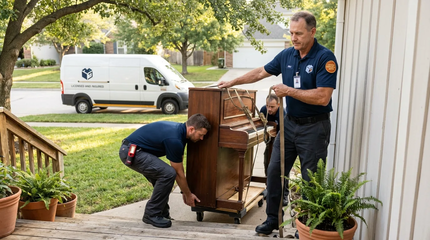 Licensed piano movers securing grand piano in Douglas, MI