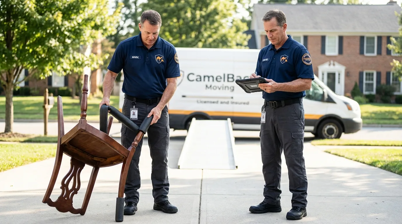 Movers inspecting furniture for damage prevention before loading in Douglas, MI