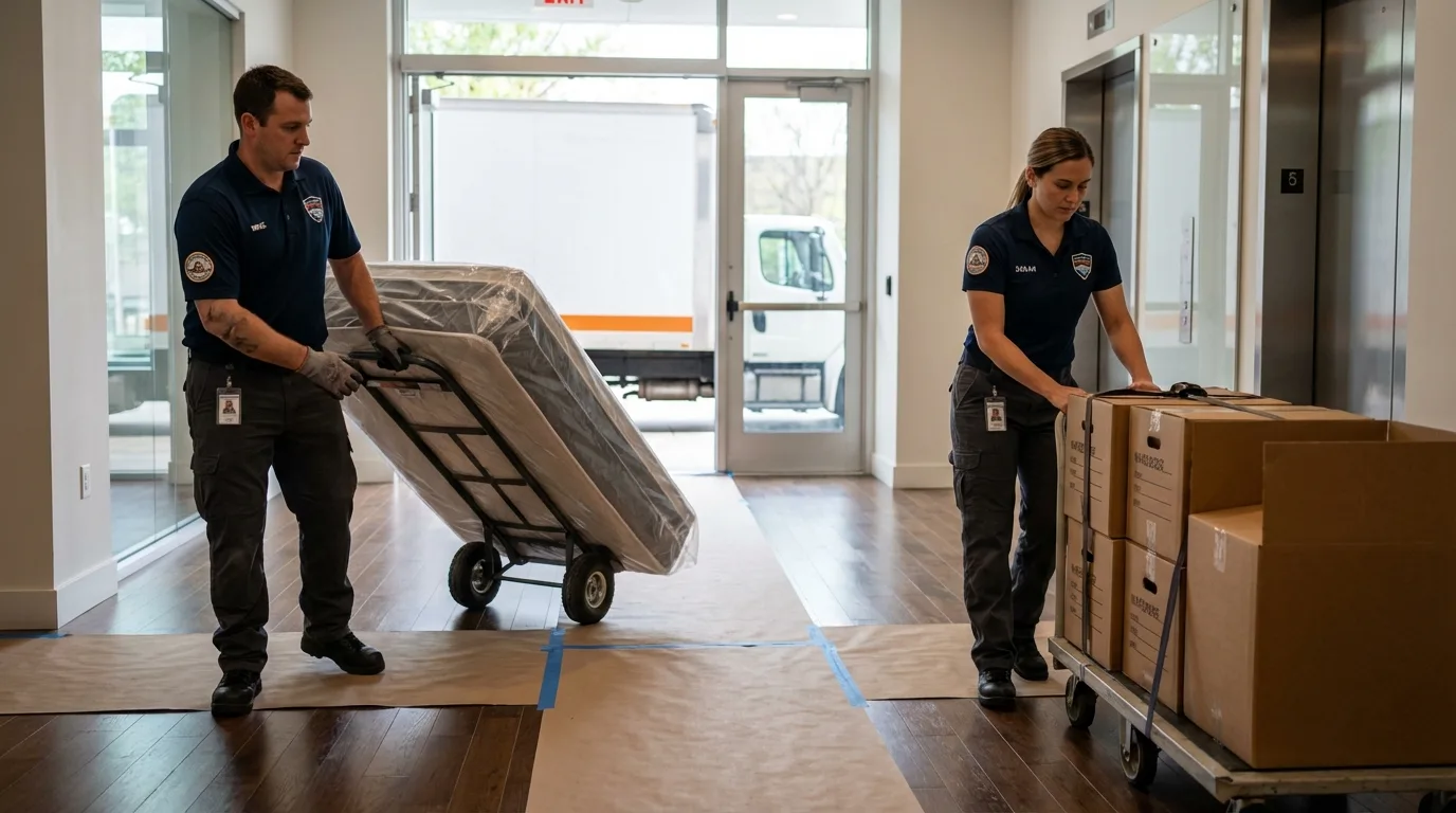 Professional apartment movers loading elevator in Douglas, MI